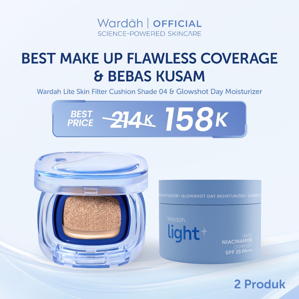 NEW LAUNCH! Wardah Lite Skin Filter Cushion 11 g - Wardah Skin Filter Cushion - Make Up Ringan Tahan 8 Jam - Flawless Coverage Powder Foundation Glad Setting BB Cream Soft Satin and Glow | Lightening | Light Plus | Light + | Lightplus Makeup