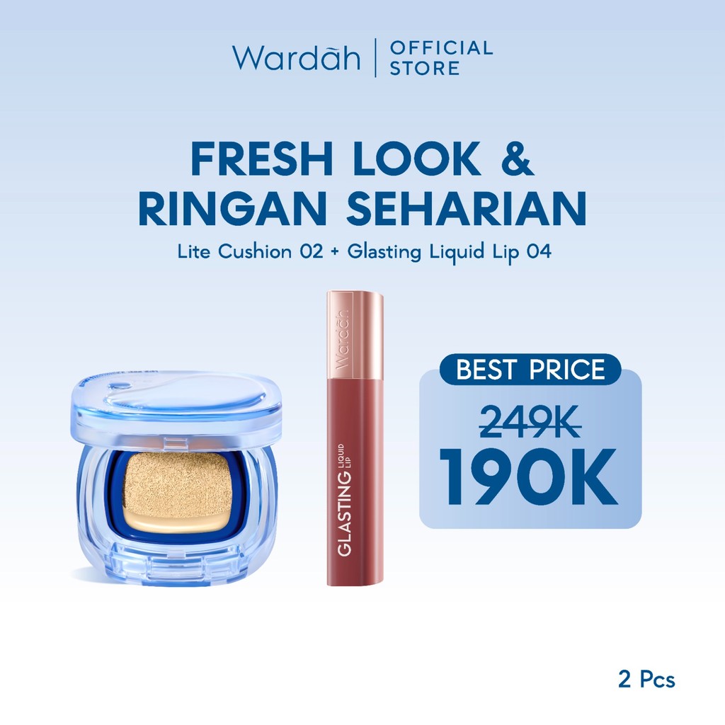 WARDAH Paket Make Up Ringan Sepanjang Hari | Fresh Look, Flawless, Tahan Lama | Light+ Lite Skin Filter Cushion + Best Seller Lip | Glasting, Matte Lip Cream, Airbrush Lip Tint, Glossicle Peptide Balm, Moist Dew Tint | Light Plus Lightplus Bundle Makeup