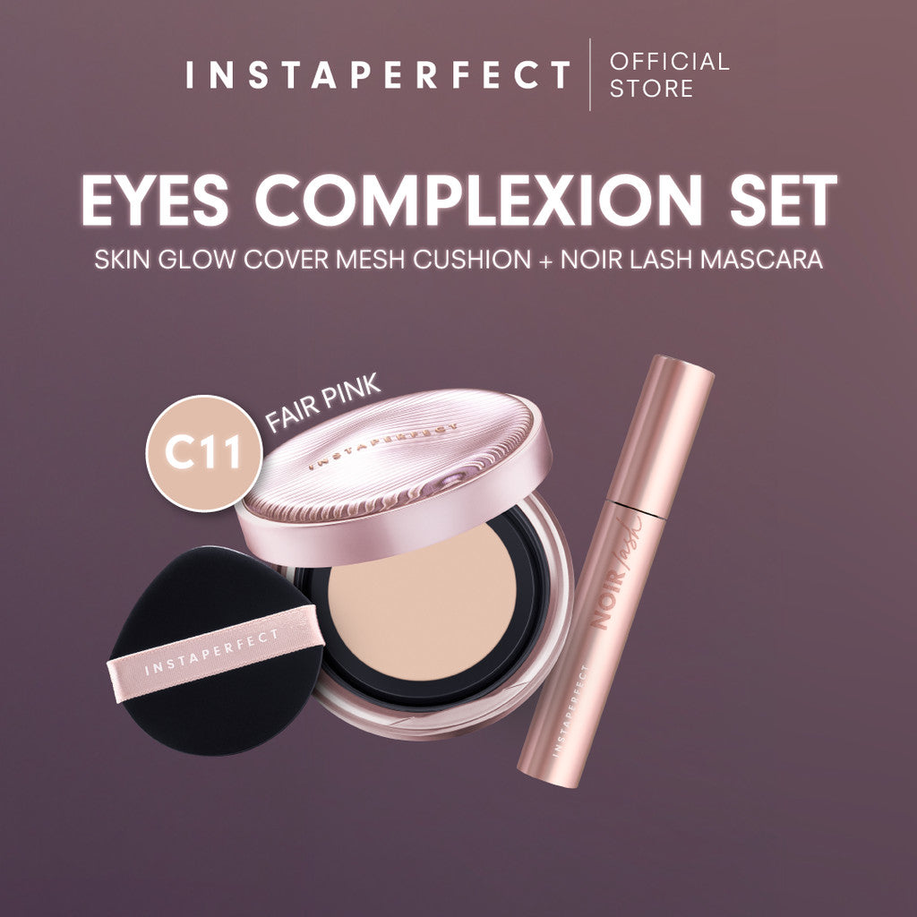 Instaperfect Eyes complexion set -  real skin high coverage complexion, healthy glow, blurring, bulu mata "jigrak", Instant lashlift (Skin glow mesh cushion + Noir lash mascara)