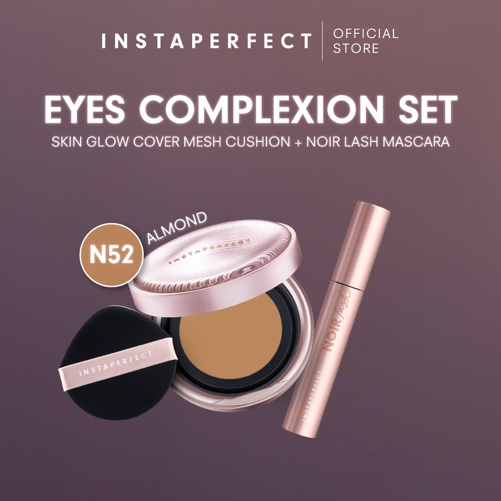 Instaperfect Eyes complexion set -  real skin high coverage complexion, healthy glow, blurring, bulu mata "jigrak", Instant lashlift (Skin glow mesh cushion + Noir lash mascara)