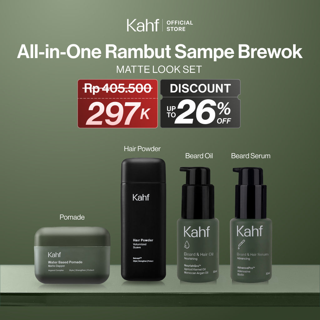 [SPECIAL KAHF DECODE : PAKET LENGKAP ALL-IN-ONE RAMBUT SAMPE BREWOK] Paket Complete Men’s Hair Styling (Pomade + Hair Powder + Beard Serum + Beard Oil) - 4in1 Bundle Solusi Styling dari Rambut sampai Janggut - Approved by Barber & Suitable for Daily Use