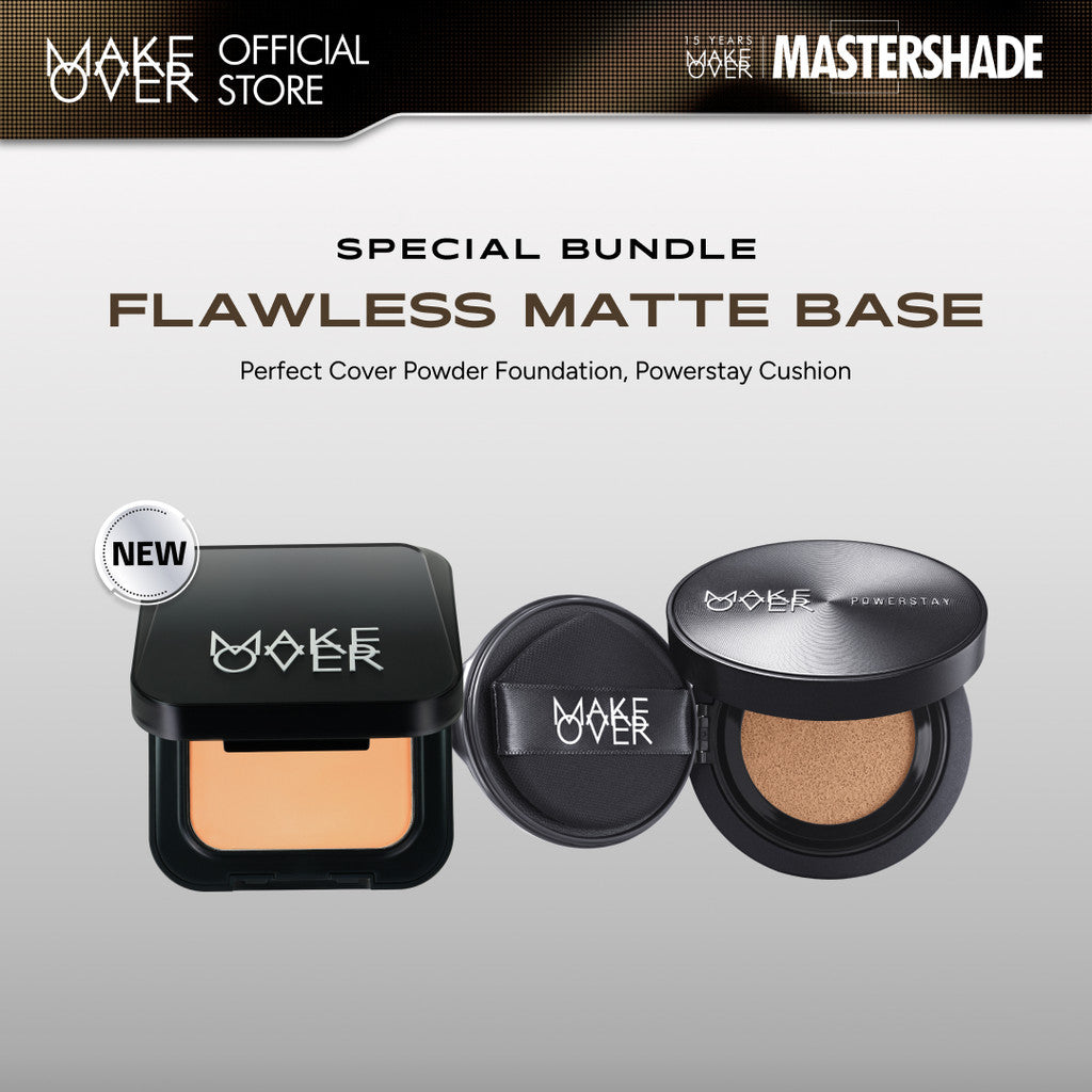 MAKE OVER Flawless Matte Base Bundle: NEW! Perfect Cover Powder Foundation Full Size + Powerstay Sync Matte Cushion - Paket Lengkap Cushion Smart AI Matte High Coverage dan Bedak Hasil Tahan Lama