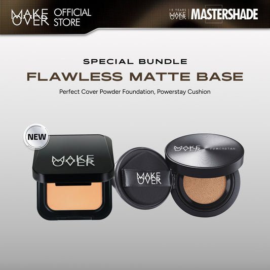 MAKE OVER Flawless Matte Base Bundle: NEW! Perfect Cover Powder Foundation Full Size + Powerstay Sync Matte Cushion - Paket Lengkap Cushion Smart AI Matte High Coverage dan Bedak Hasil Tahan Lama