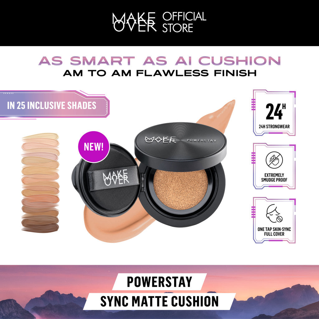 MAKE OVER Flawless Matte Base Bundle: NEW! Perfect Cover Powder Foundation Full Size + Powerstay Sync Matte Cushion - Paket Lengkap Cushion Smart AI Matte High Coverage dan Bedak Hasil Tahan Lama