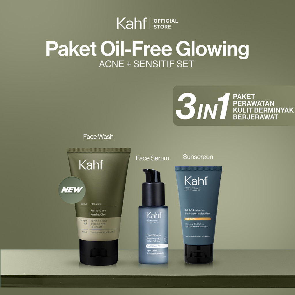 [SPECIAL KAHF DECODE : PAKET PERAWATAN KULIT BERMINYAK BERJERAWAT] Paket Oil-Free Glowing (Face Wash + Serum + Sunscreen) - 3in1 Bundle untuk Membantu Kontrol Minyak, Meredakan Jerawat/Kemerahan, dan Tetap Glowing - Suitable for Daily Use