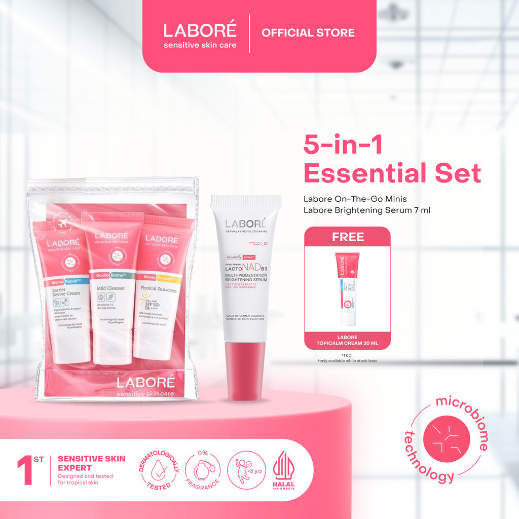 LABORE 5-in-1 Essential Set - LABORE On-The-Go Minis - LABORE Brightening Serum 7 ml - LABORE Topicalm Cream 20 ml - LABORE Mild Cleanser - LABORE Barrier Revive Cream - LABORE Physical Sunscreen - Paket Skincare Best Seller