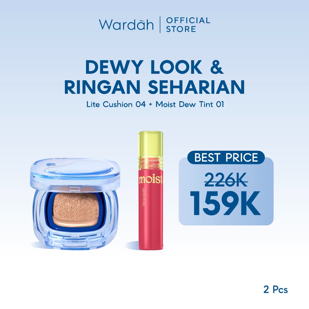 WARDAH Paket Make Up Ringan Sepanjang Hari | Fresh Look, Flawless, Tahan Lama | Light+ Lite Skin Filter Cushion + Best Seller Lip | Glasting, Matte Lip Cream, Airbrush Lip Tint, Glossicle Peptide Balm, Moist Dew Tint | Light Plus Lightplus Bundle Makeup