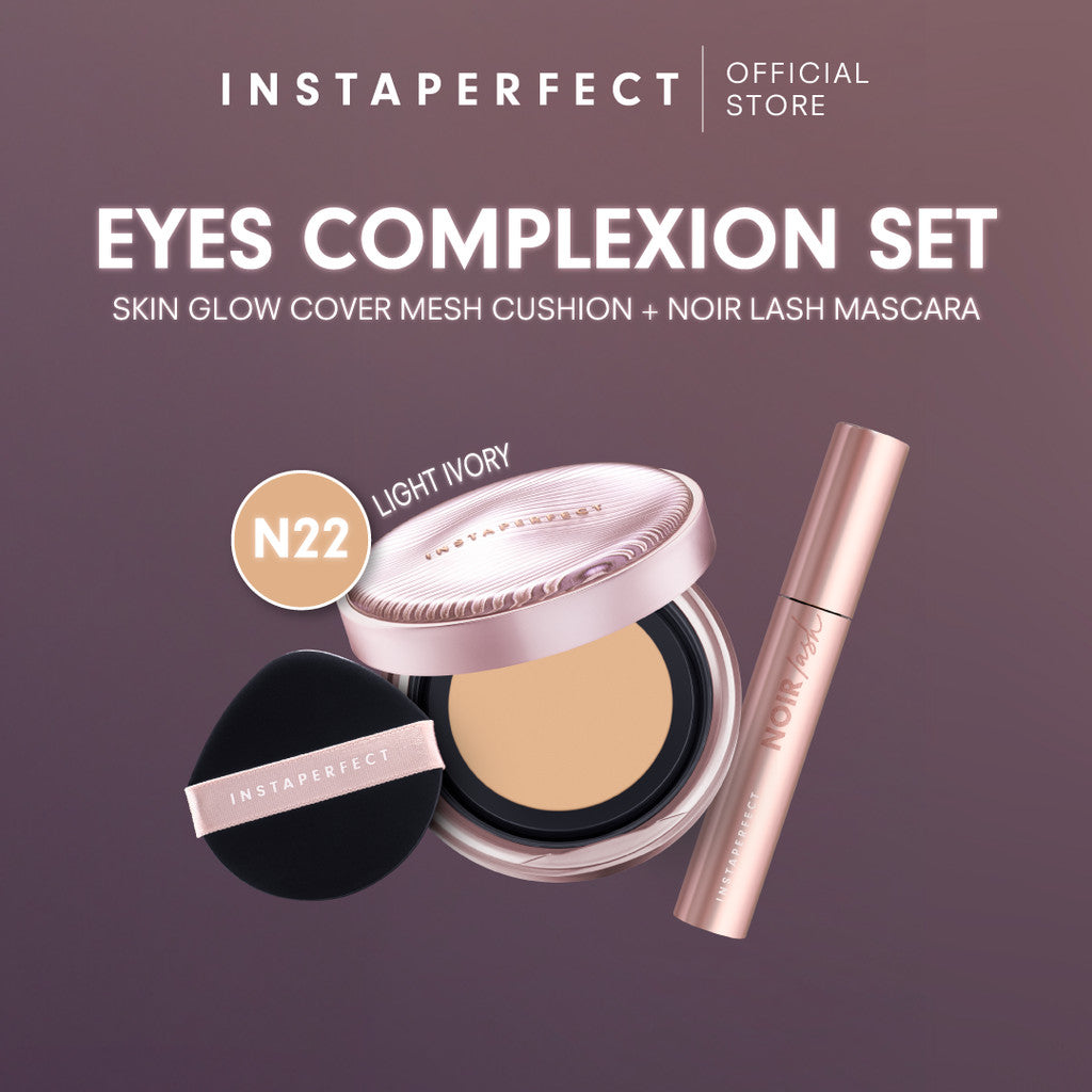 Instaperfect Eyes complexion set -  real skin high coverage complexion, healthy glow, blurring, bulu mata "jigrak", Instant lashlift (Skin glow mesh cushion + Noir lash mascara)