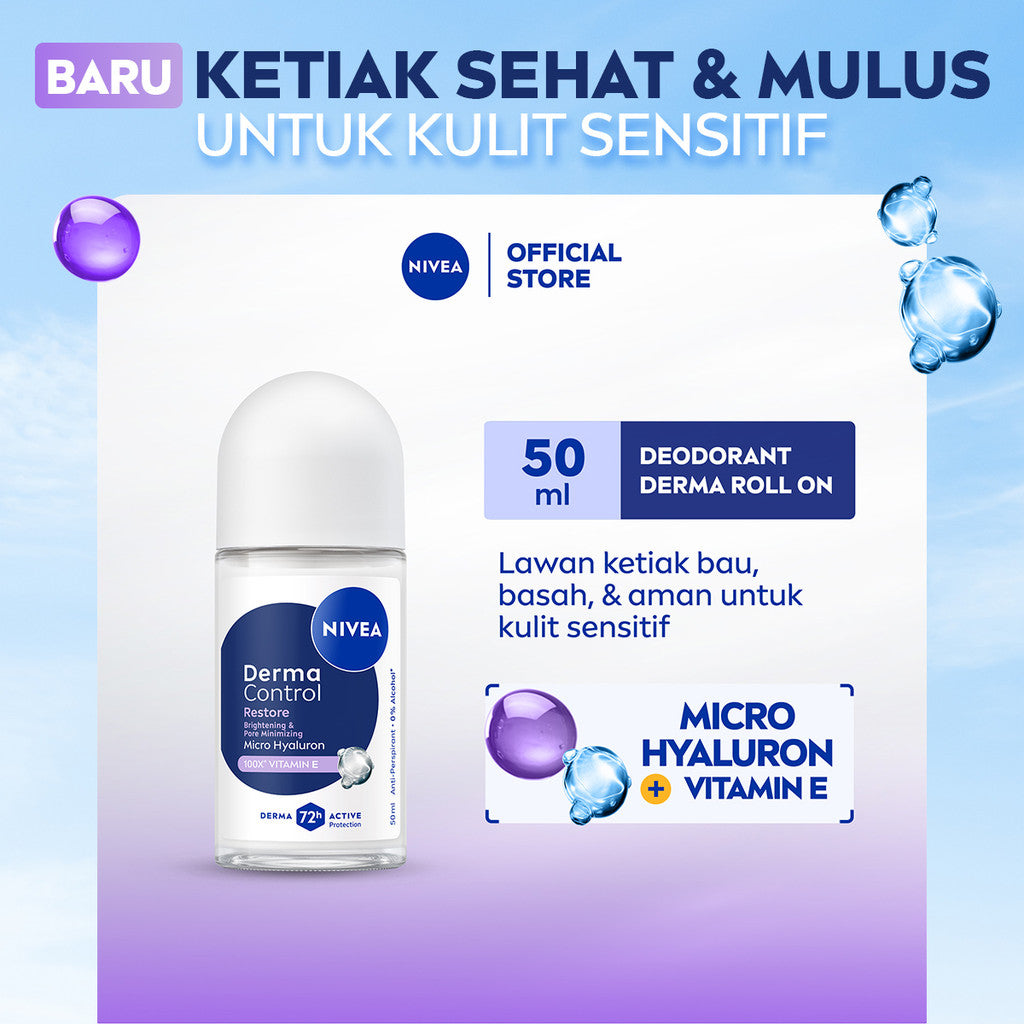 NIVEA Deodorant Roll On Derma Control Restore 50ml - Deodoran wanita skin barrier memperbaiki kulit ketiak sensitif mencerahkan anti keringat berlebih bau badan penggunaan harian tidak lengket - Hyaluron, Vitamin E, Antiperspiran, 0% Alkohol, Halal