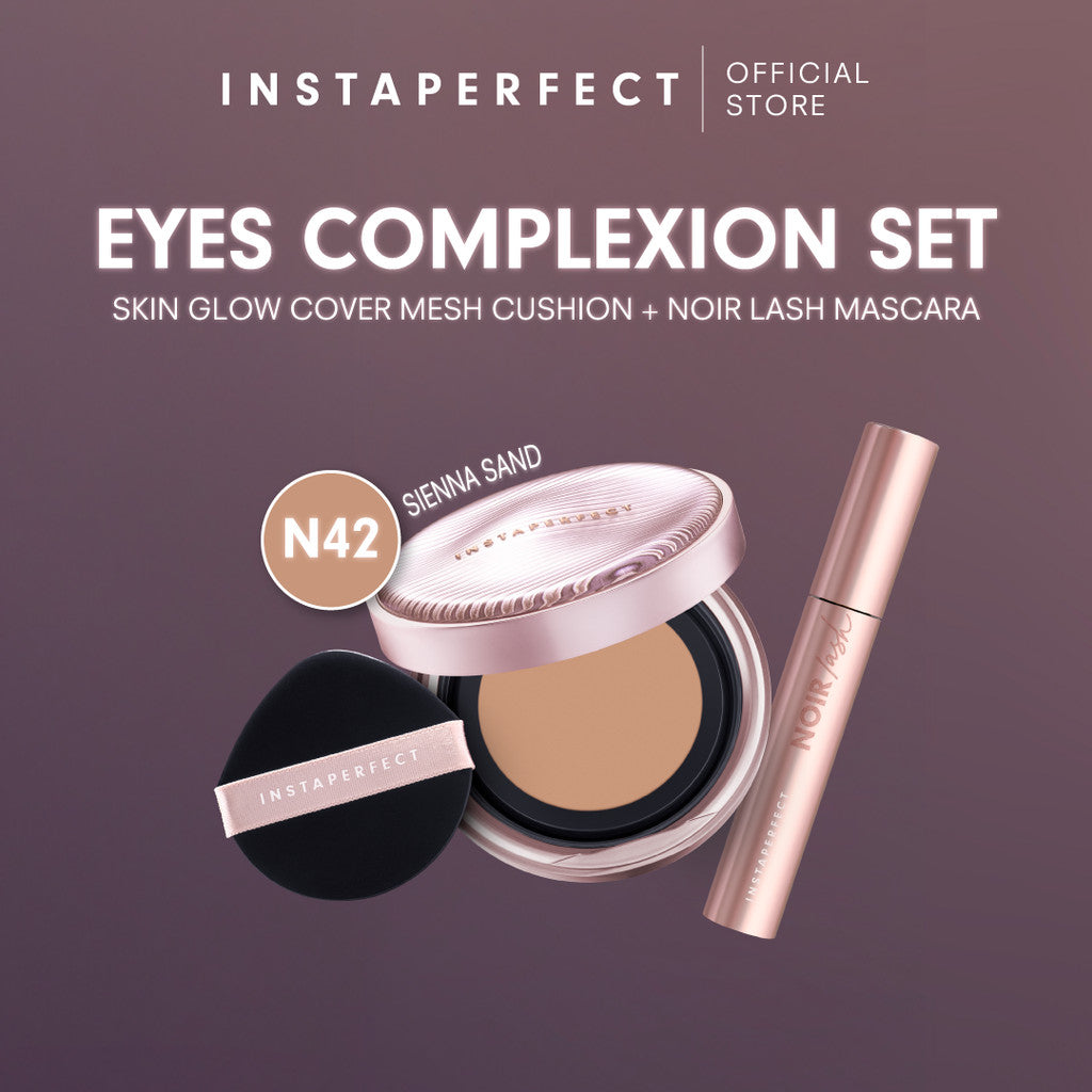 Instaperfect Eyes complexion set -  real skin high coverage complexion, healthy glow, blurring, bulu mata "jigrak", Instant lashlift (Skin glow mesh cushion + Noir lash mascara)