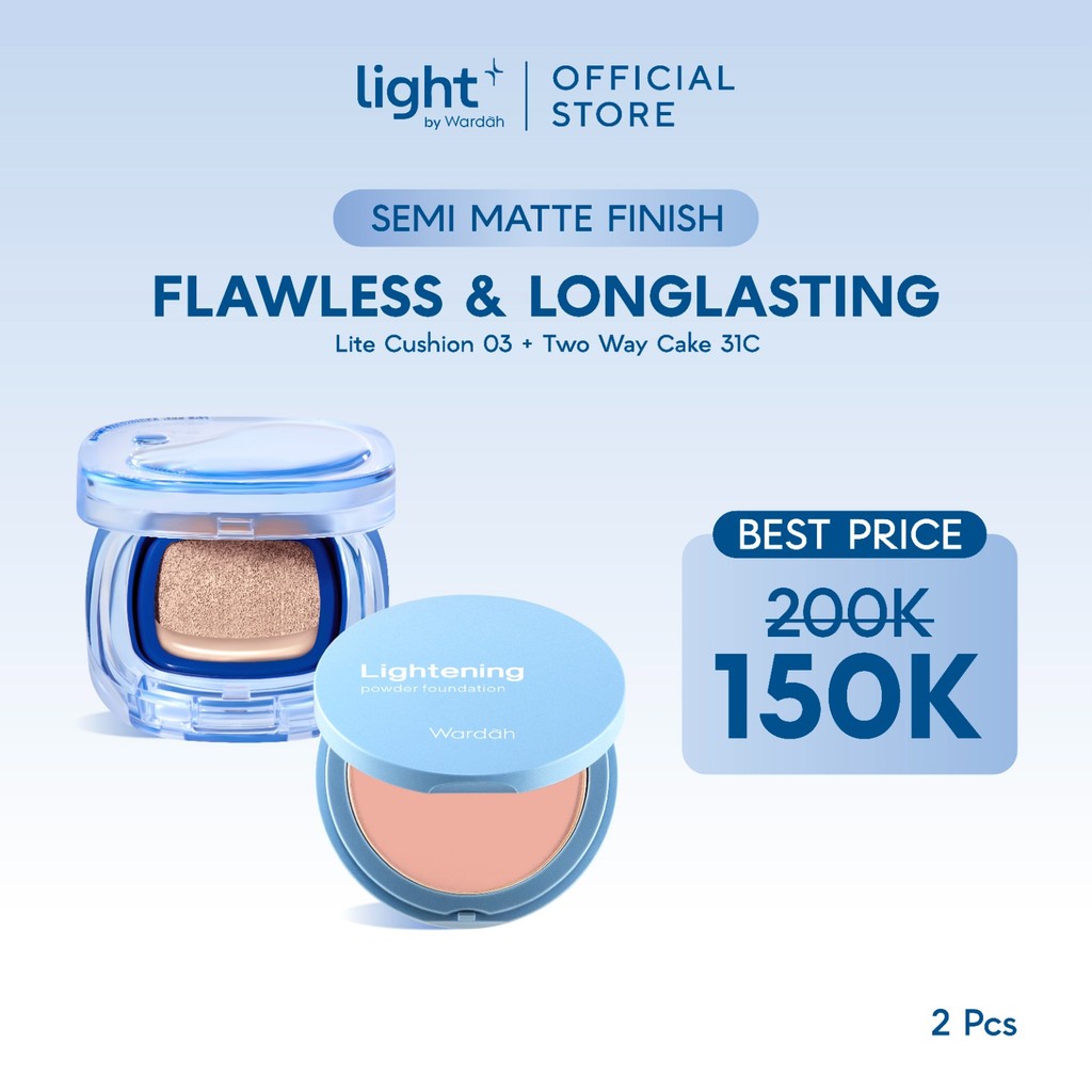 WARDAH Paket Make Up Tahan Seharian & Semi Matte Finish | Noda Tertutup Seharian, Anti Longsor, Medium Coverage, Flawless, Long Lasting | Light+ Lite Skin Filter Cushion + Lightening Powder Foundation | Light Plus Lightplus Two Way Cake TWC Bundle Makeup