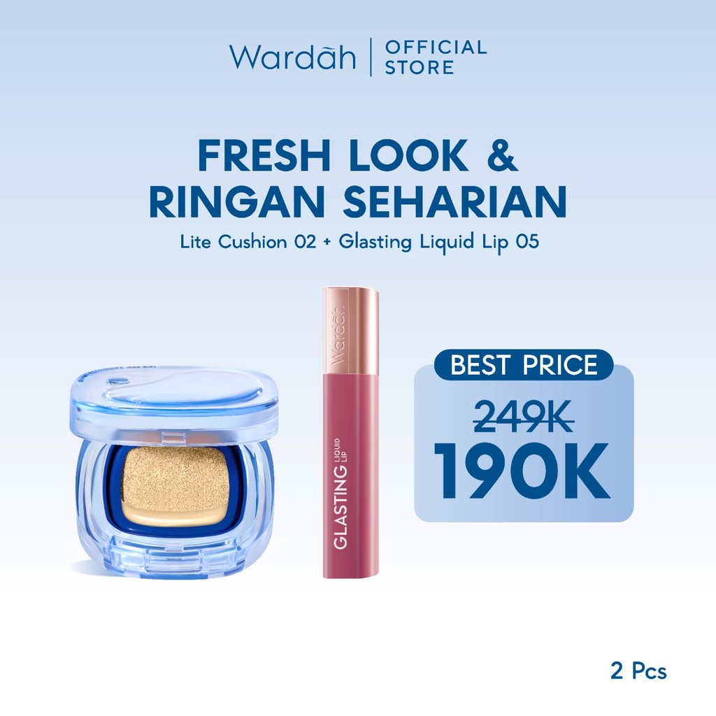 WARDAH Paket Make Up Ringan Sepanjang Hari | Fresh Look, Flawless, Tahan Lama | Light+ Lite Skin Filter Cushion + Best Seller Lip | Glasting, Matte Lip Cream, Airbrush Lip Tint, Glossicle Peptide Balm, Moist Dew Tint | Light Plus Lightplus Bundle Makeup