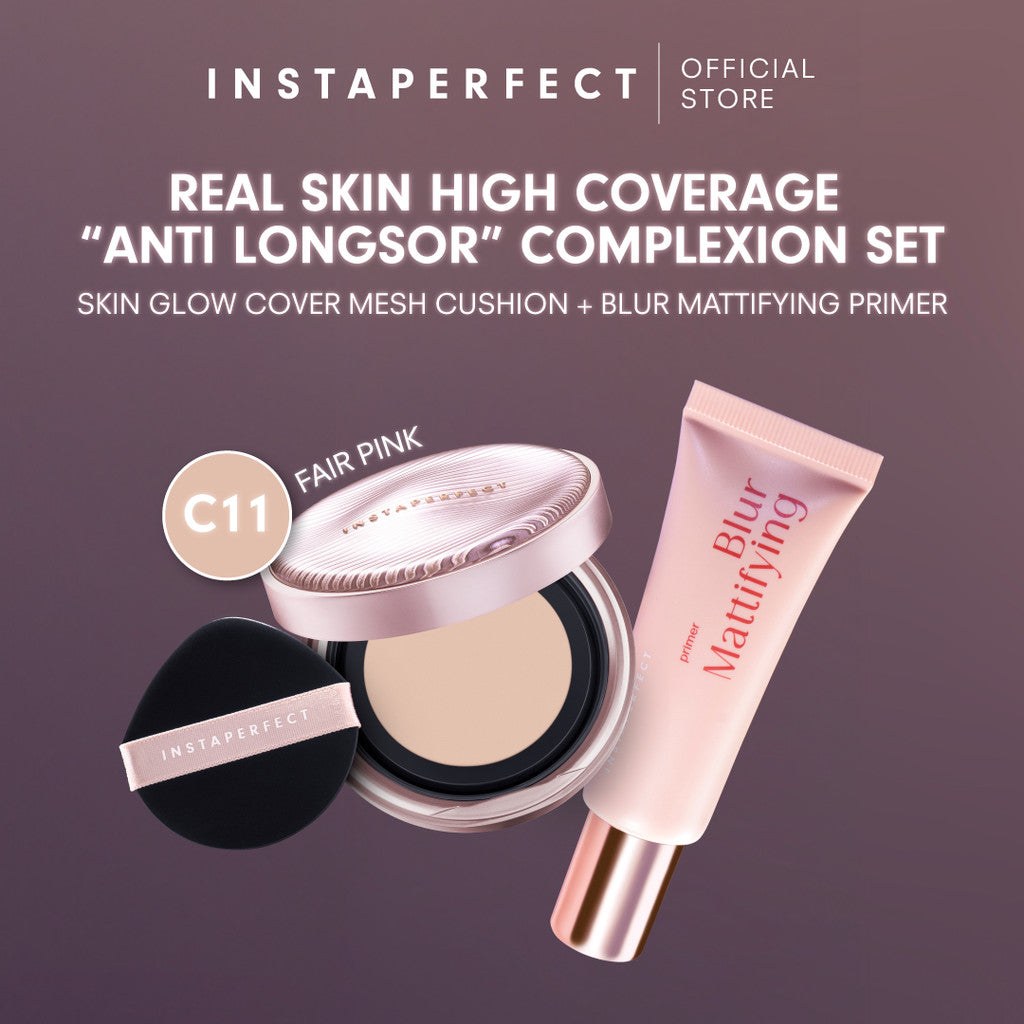 Instaperfect Real Skin High Coverage Smooth Glow Finish Complete Complexion Set- Bundle  Skin Glow Mesh Cushion+ Quickmatte Loose Powder- Paket Make up Glow Finish High Coverage