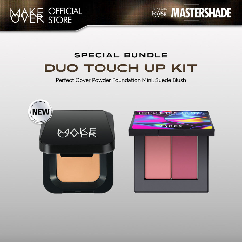 MAKE OVER Duo Touch Up Kit: NEW! Mini Perfect Cover Powder Foundation 4.4 g + Powerstay Suede Blush 5.5 g - Paket Lengkap Bedak Padat dan Blush On - TWC Two Way Cake Cover Melt and Blur Powder 16H Blurring Velvet Smooth Finish