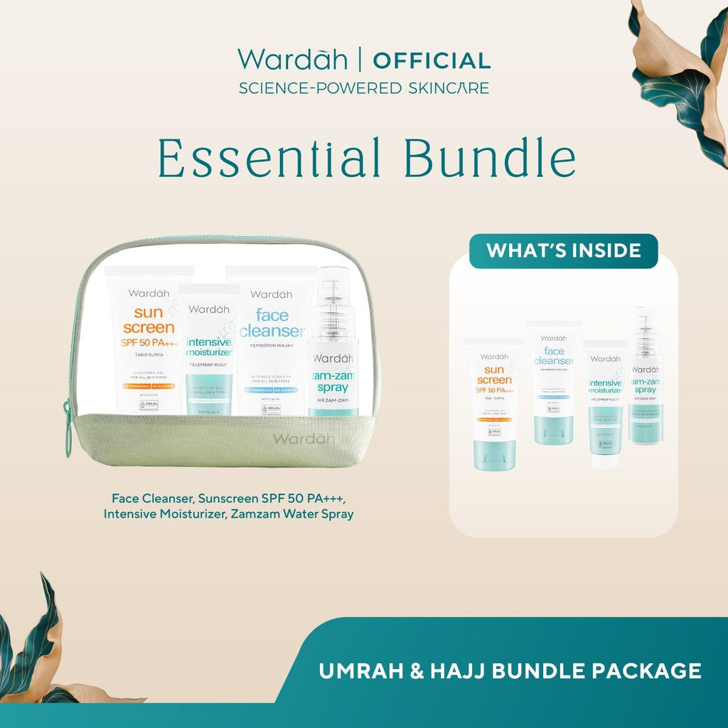 WARDAH Umrah & Hajj Package - Paket Haji dan Umroh - Hair and Body Wash, Face Cleanser, Sunscreen SPF 50 PA+++ , Anti Perspirant Deodorant, Moisturizer, Lip Treatment Balm, ZamZam Water Spray - Skincare
