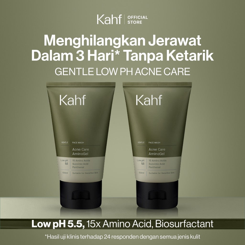 [NEW! BEBAS JERAWAT TANPA RASA KETARIK] Kahf Acne Care Amino Gel Face Wash 100 ml – Sabun Cuci Muka Pria Kulit Sensitif & Berjerawat dengan Hypochlorous Acid, Panthenol, Succinic Acid, Glycerin – Gentle Cleanser Low pH untuk Daily Use