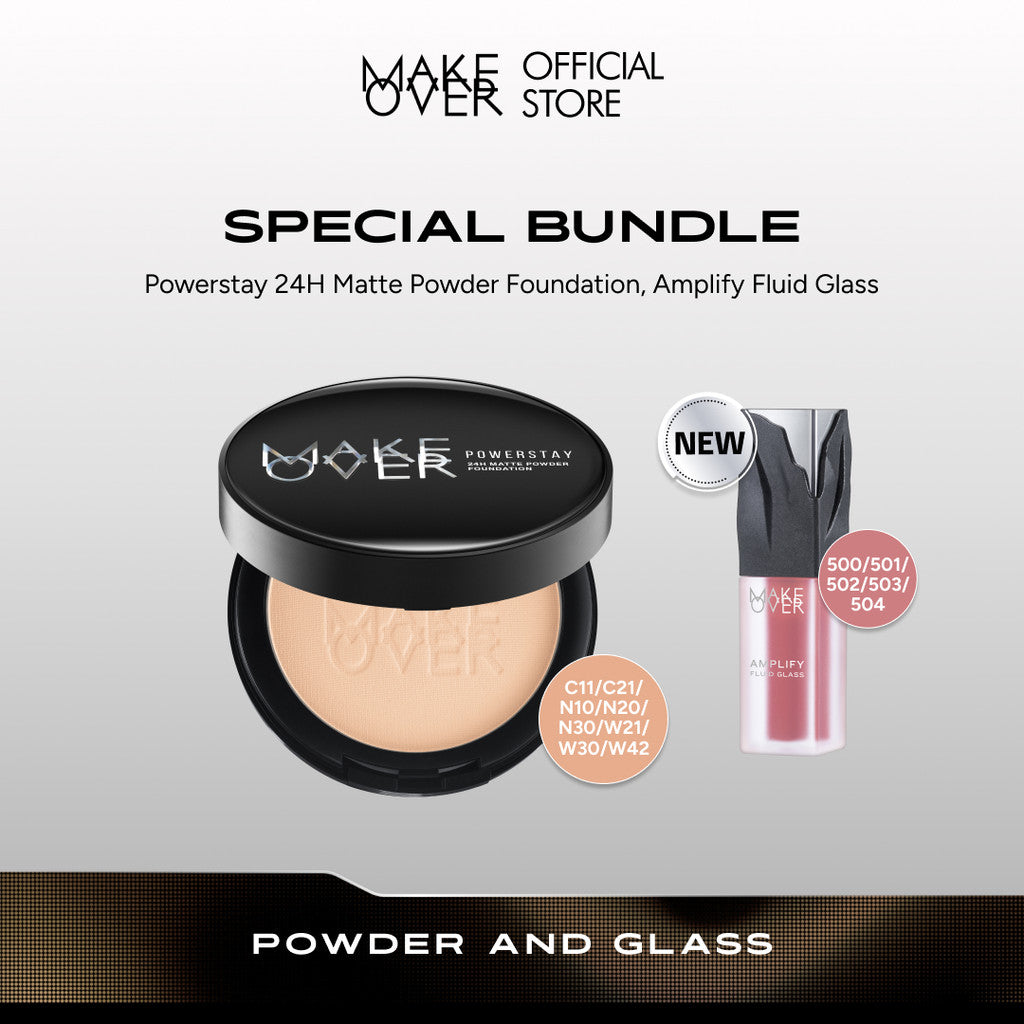 MAKE OVER Powder and Glass: Powerstay 24H Matte Powder Foundation + NEW! Amplify Glass Fluid - Paket Lengkap Bedak Padat High Coverage dan Lip Gloss Pigmented