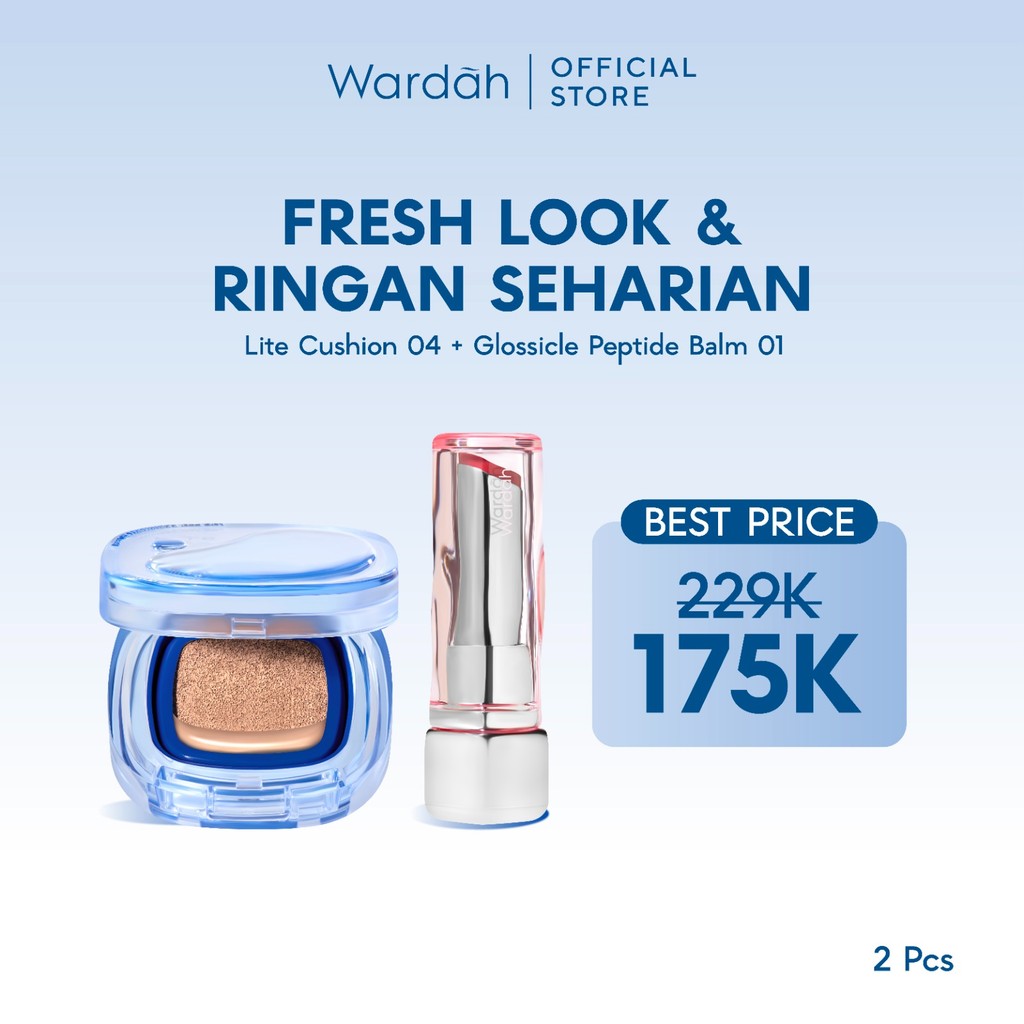 WARDAH Paket Make Up Ringan Sepanjang Hari | Fresh Look, Flawless, Tahan Lama | Light+ Lite Skin Filter Cushion + Best Seller Lip | Glasting, Matte Lip Cream, Airbrush Lip Tint, Glossicle Peptide Balm, Moist Dew Tint | Light Plus Lightplus Bundle Makeup