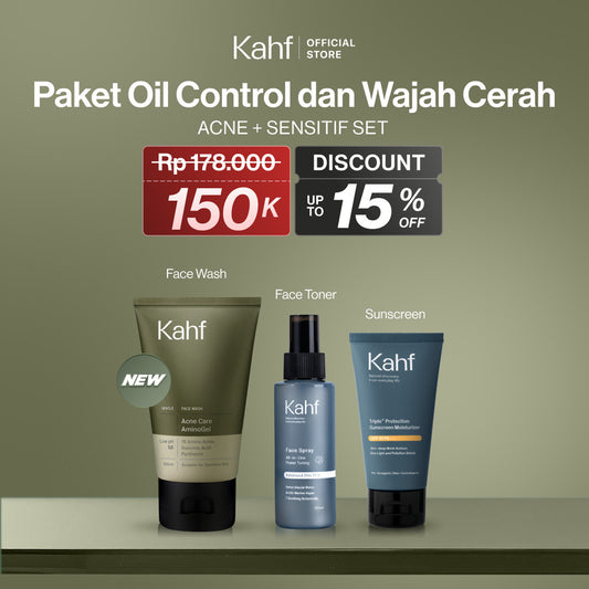 [SPECIAL KAHF DECODE : PAKET PERAWATAN KULIT BERMINYAK BERJERAWAT] Paket Oil Control & Cerah (Face Wash + Toner + Sunscreen) - 3in1 Bundle untuk Membantu Kontrol Minyak, Mencerahkan Wajah, dan Mencegah Flek Hitam - Suitable for Daily Use