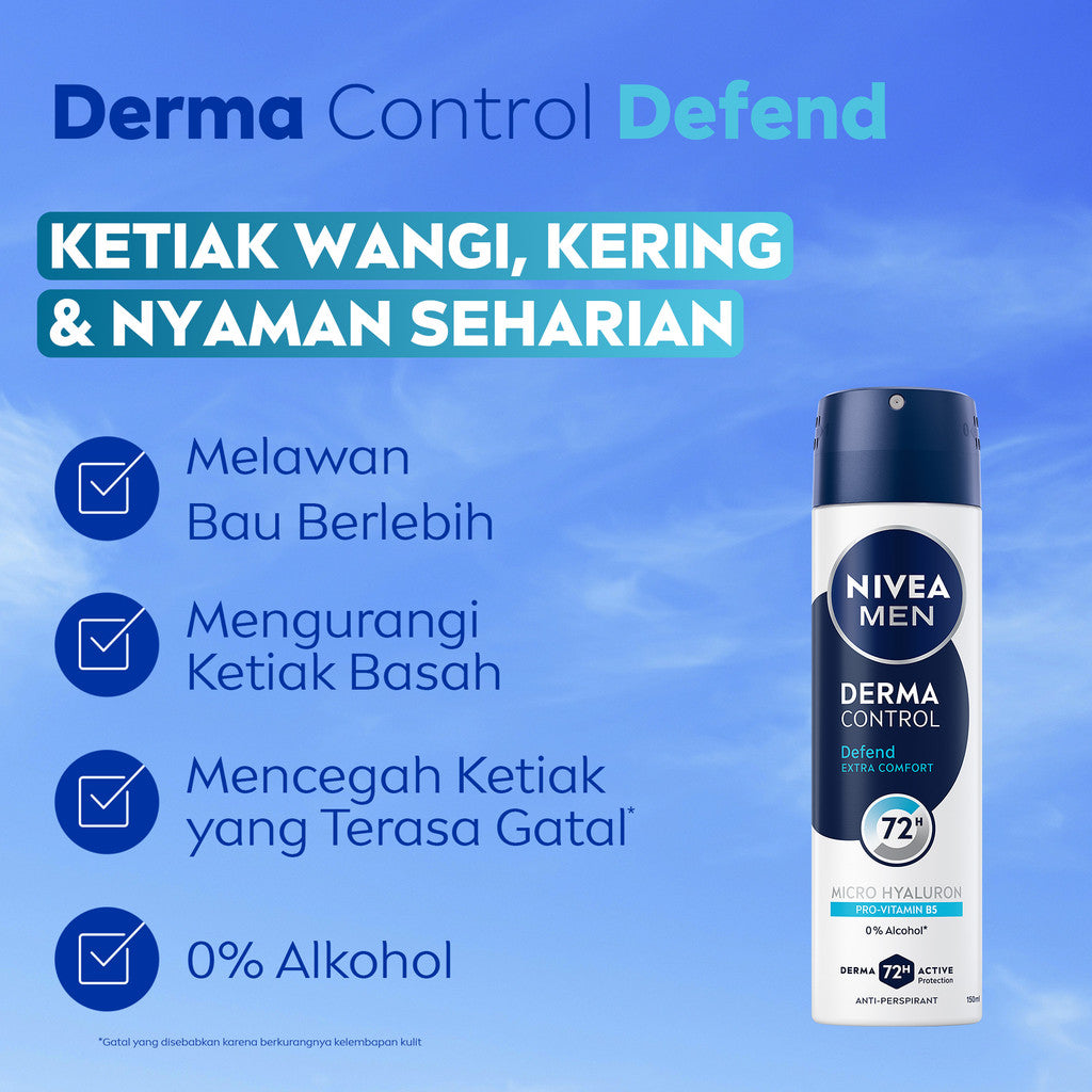 NIVEA MEN Deodorant Spray Derma Control Defend 150ml - Deodoran semprot pria skin barrier kulit ketiak sensitif anti keringat berlebih bau badan penggunaan harian dermatologis tidak lengket - Hyaluron, Vitamin B5, Antiperspiran, 0% Alkohol, Halal