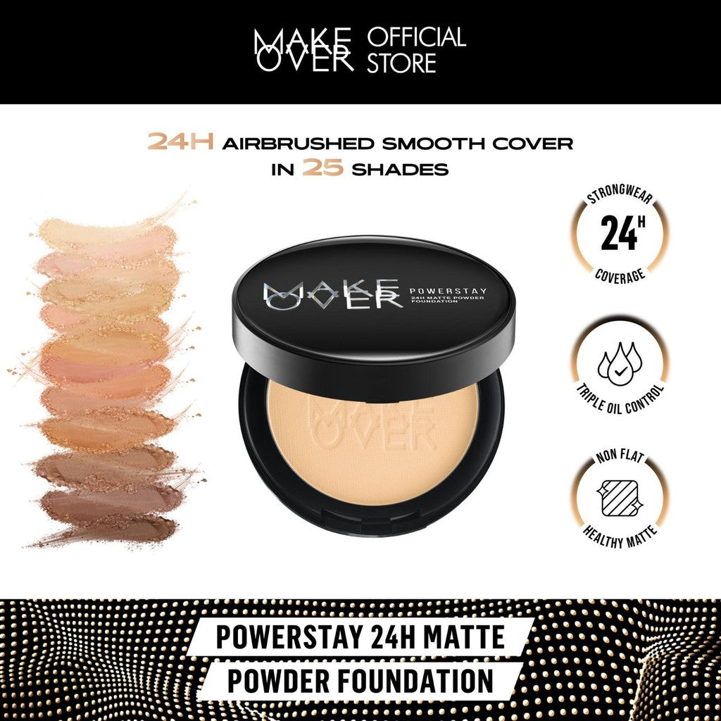 MAKE OVER Powder and Glass: Powerstay 24H Matte Powder Foundation + NEW! Amplify Glass Fluid - Paket Lengkap Bedak Padat High Coverage dan Lip Gloss Pigmented