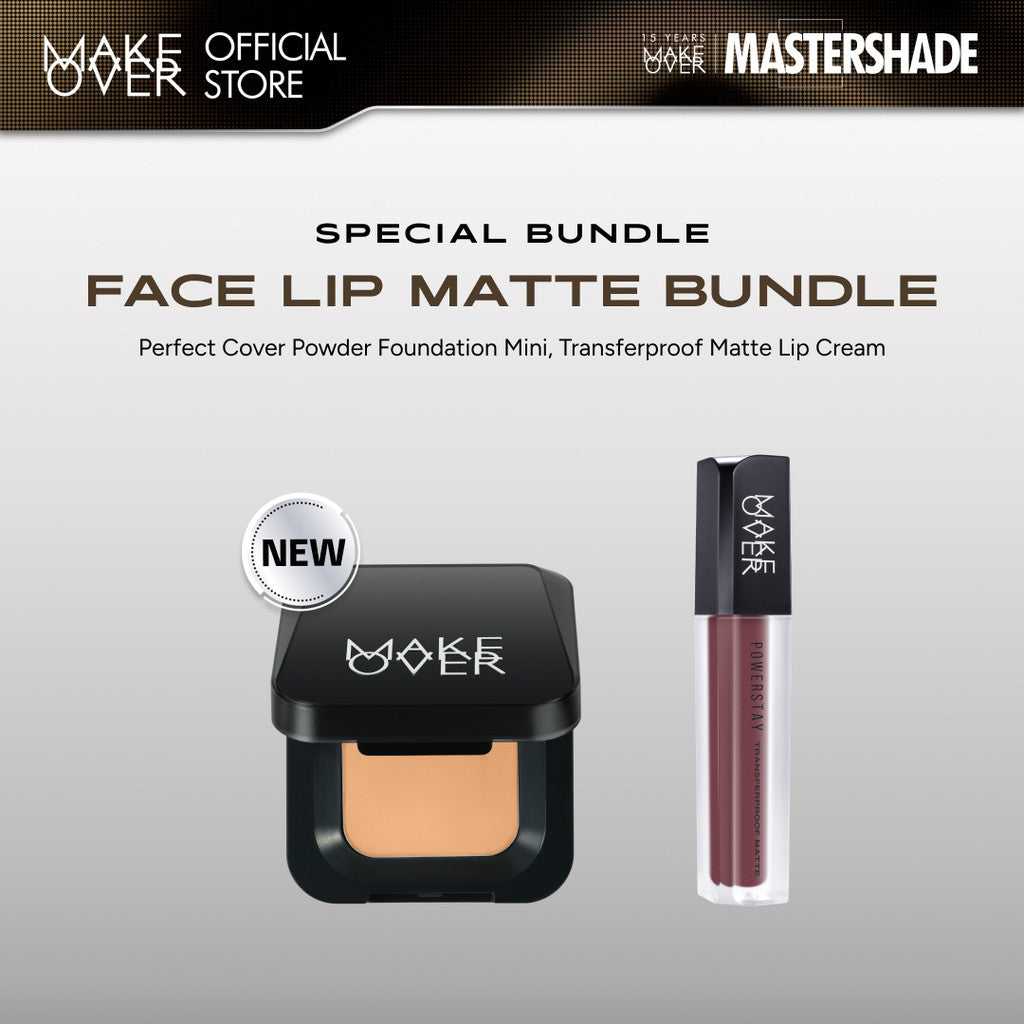 MAKE OVER Face Lip Matte Bundle: NEW! Perfect Cover Powder Foundation Mini + Transferproof Matte Lip Cream  - Paket Lengkap Lips Matte dan Bedak Anti Crack Flawless Lipstick Lip Cream Pigmented