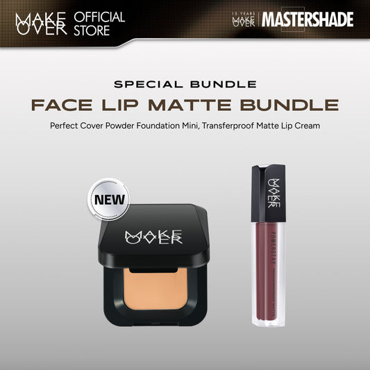 MAKE OVER Face Lip Matte Bundle: NEW! Perfect Cover Powder Foundation Mini + Transferproof Matte Lip Cream  - Paket Lengkap Lips Matte dan Bedak Anti Crack Flawless Lipstick Lip Cream Pigmented