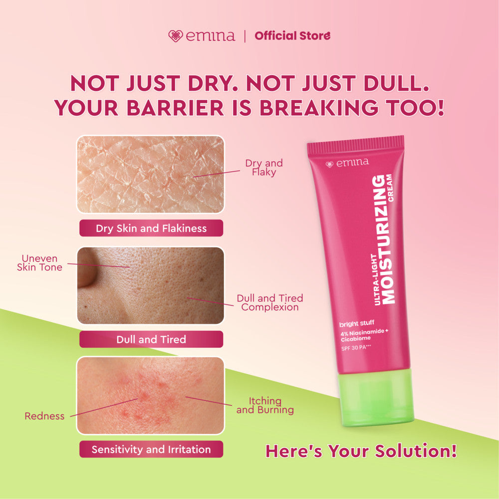 NEW! Emina Bright Stuff Ultra-Light Moisturizing Cream 20 ml - Pelembab Wajah Mencerahkan, Mengandung SPF 30 PA+++, Melindungi dari Sinar UV, Melembapkan, Cepat Meresap, Cerah Instan, Menyamarkan Noda Hitam, Cocok untuk Semua Jenis Kulit
