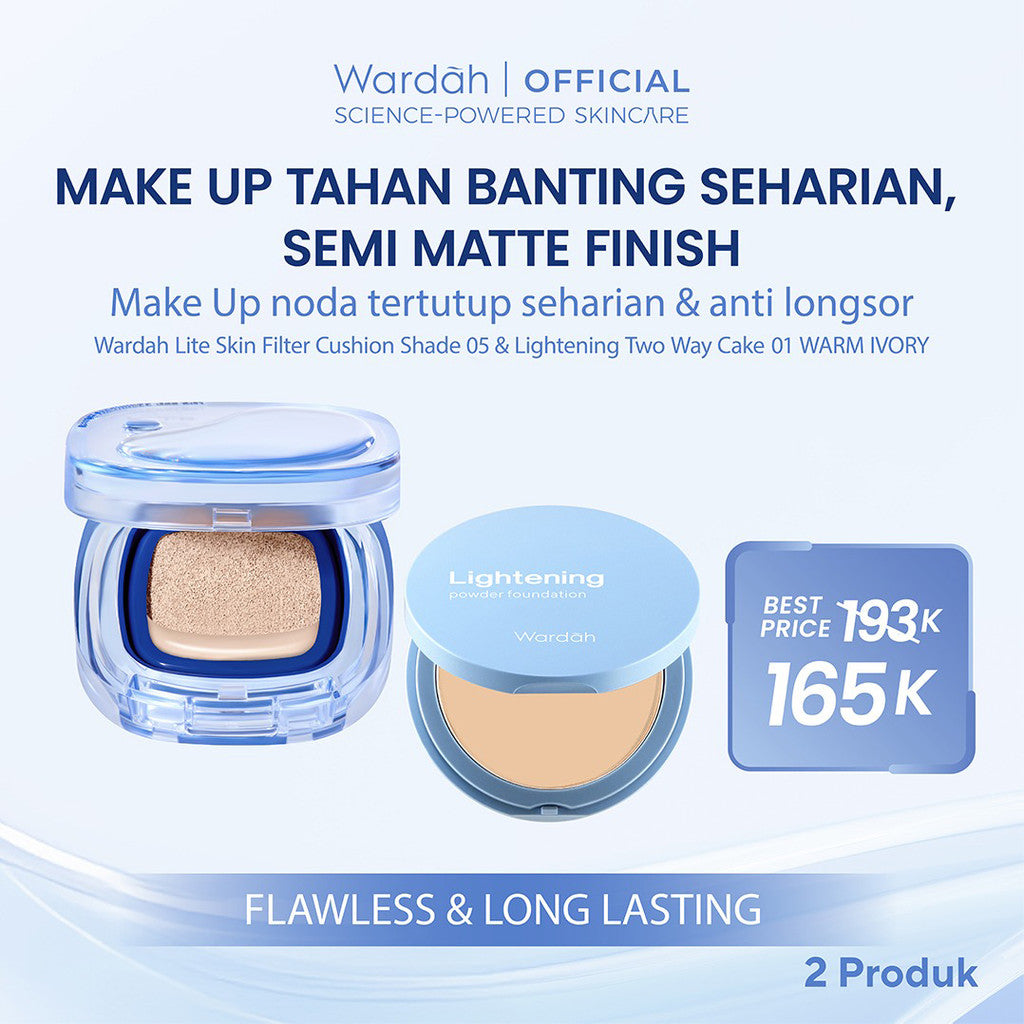 [NEW BUNDLE] Wardah Lite Skin Filter Cushion 11 g - Makeup Ringan Tahan 8 Jam Flawless Coverage Powder Foundation Glad Setting BB Cream Soft Satin & Glow | Two Way Cake, Loose Powder, Micellar Water, Airbrush Lip Tint | Light+ | Light Plus | Lightplus