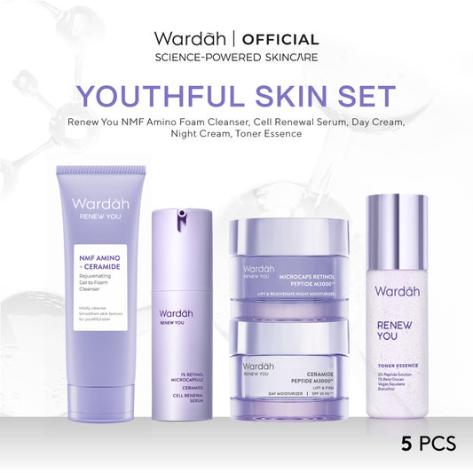 Wardah [5 pcs] Paket Skincare Solusi Masalah Kulit - Face Wash, Moisturizer, Serum, Sunscreen, & Toner (Acnederm, Cica, Panthenol, UV Shield, Amino Facial Wash, Airy, Crystal Secret, Lightening)