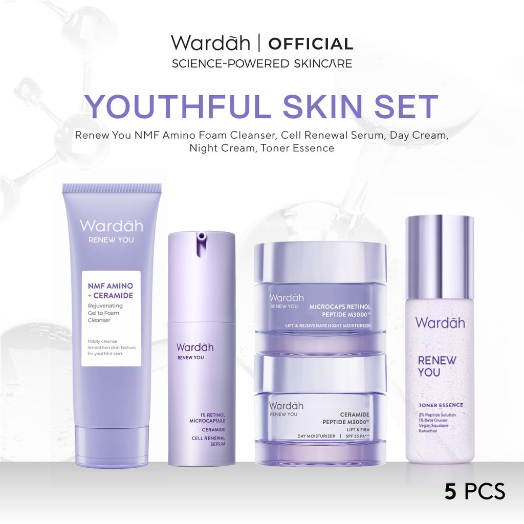 Wardah [5 pcs] Paket Skincare Solusi Masalah Kulit - Face Wash, Moisturizer, Serum, Sunscreen, & Toner (Acnederm, Cica, Panthenol, UV Shield, Amino Facial Wash, Airy, Crystal Secret, Lightening)
