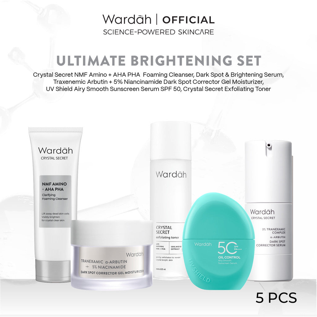 Wardah [5 pcs] Paket Skincare Solusi Masalah Kulit - Face Wash, Moisturizer, Serum, Sunscreen, & Toner (Acnederm, Cica, Panthenol, UV Shield, Amino Facial Wash, Airy, Crystal Secret, Lightening)