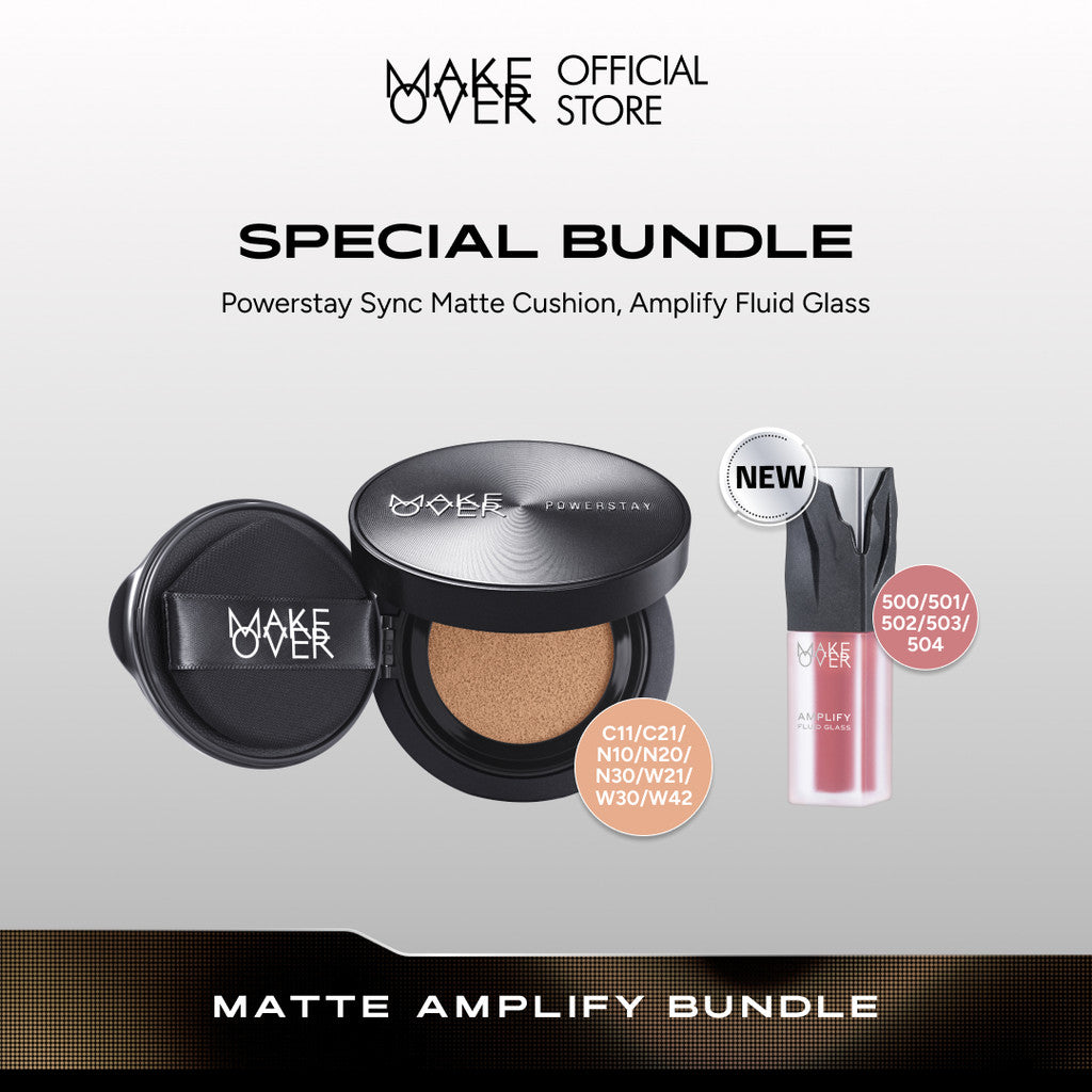 MAKE OVER Matte Amplify Bundle: NEW! Amplify Glass Fluid + Powerstay Sync Matte Cushion - Paket Lengkap Lip Gloss dan Cushion High Coverage Long Lasting