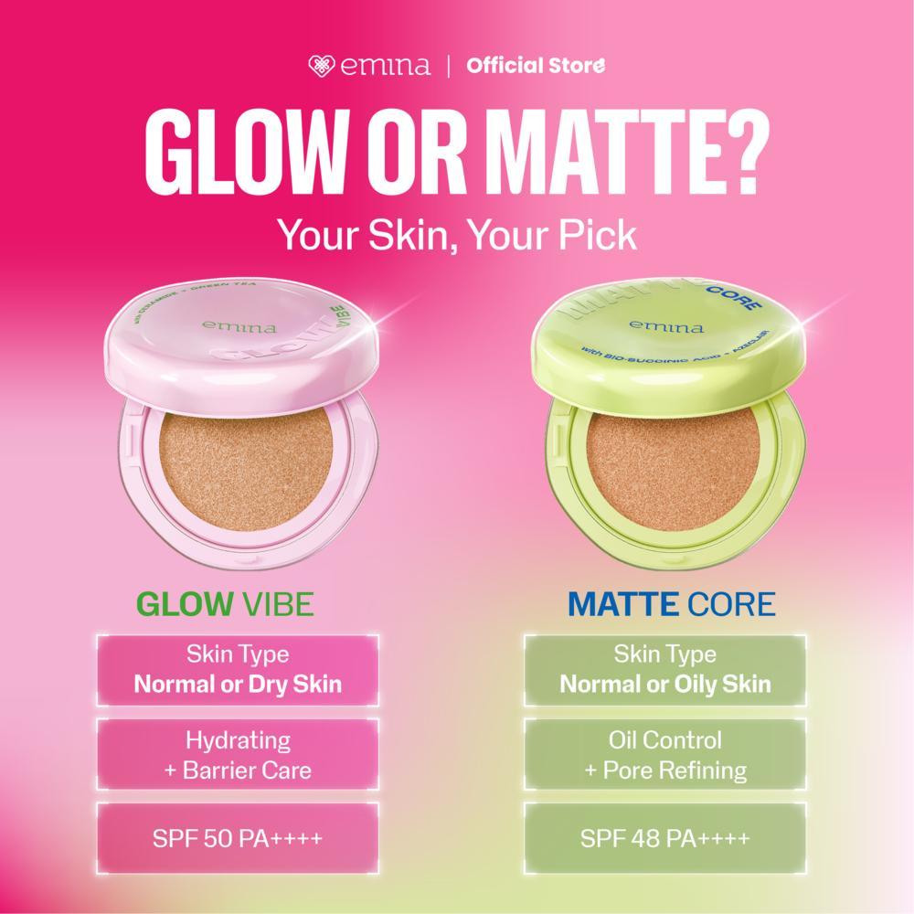 [BUY 1 GET 1] Emina Glow 3in1 Skincare Cushion SPF 50 PA++++ 13 G FREE Poppin Matte | Flawless Lightweight Make Up Foundation Glowing Skin Transferproof Full High Coverage Bedak Waterproof Sweatproof Dewy Moisturizer Non-Comedogenic