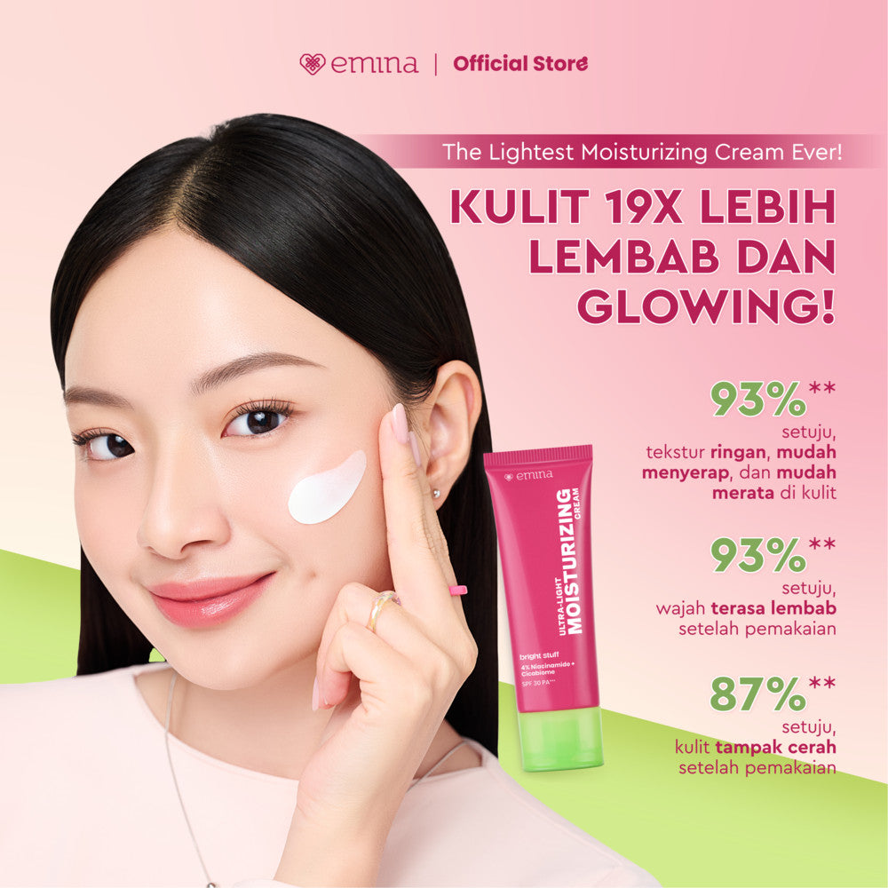 NEW! Emina Bright Stuff Ultra-Light Moisturizing Cream 20 ml - Pelembab Wajah Mencerahkan, Mengandung SPF 30 PA+++, Melindungi dari Sinar UV, Melembapkan, Cepat Meresap, Cerah Instan, Menyamarkan Noda Hitam, Cocok untuk Semua Jenis Kulit