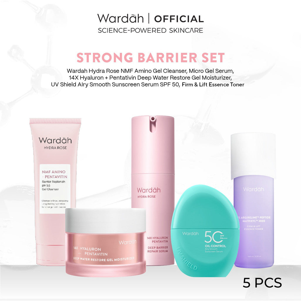 Wardah [5 pcs] Paket Skincare Solusi Masalah Kulit - Face Wash, Moisturizer, Serum, Sunscreen, & Toner (Acnederm, Cica, Panthenol, UV Shield, Amino Facial Wash, Airy, Crystal Secret, Lightening)