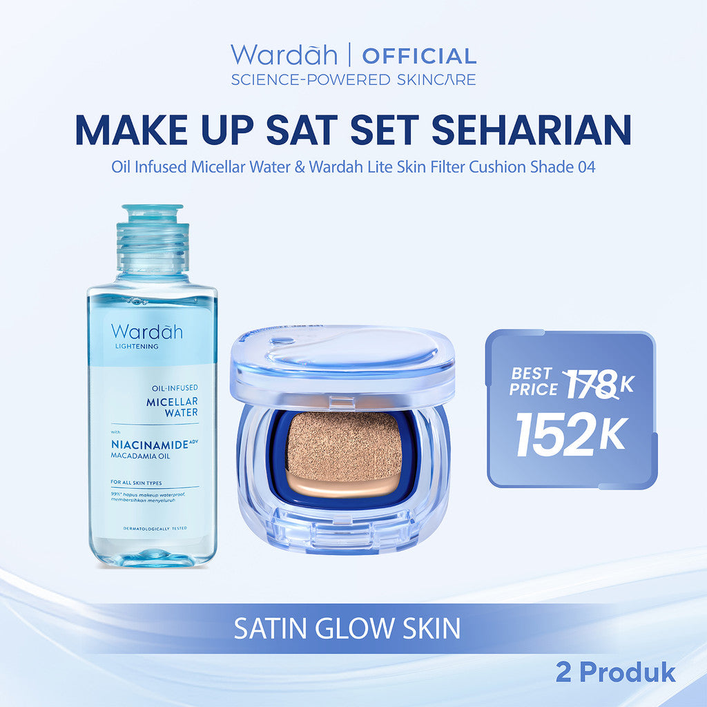 [NEW BUNDLE] Wardah Lite Skin Filter Cushion 11 g - Makeup Ringan Tahan 8 Jam Flawless Coverage Powder Foundation Glad Setting BB Cream Soft Satin & Glow | Two Way Cake, Loose Powder, Micellar Water, Airbrush Lip Tint | Light+ | Light Plus | Lightplus
