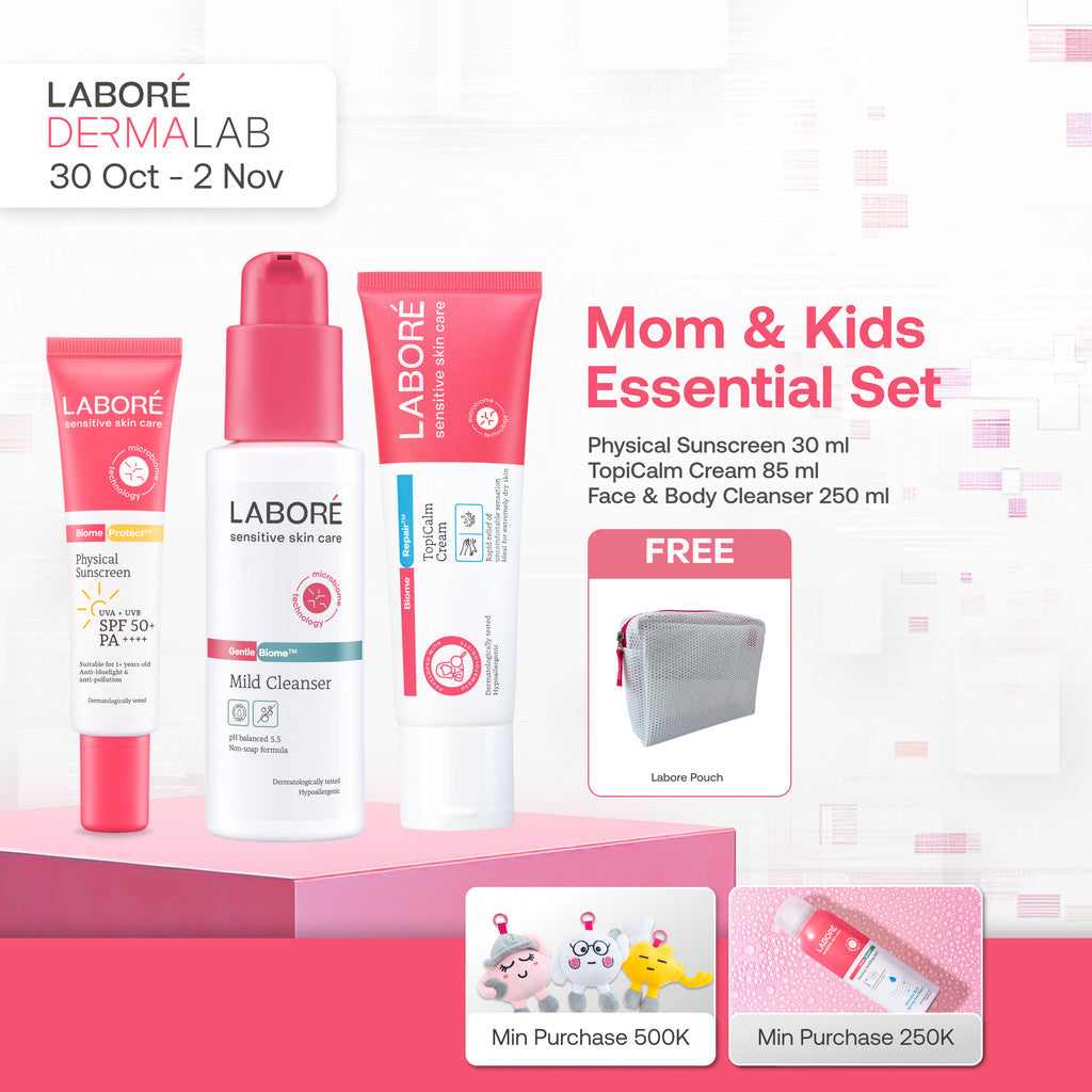[Dermalab Revolutionaire] Mom & Kids Essential Set - Physical Sunscreen SPF 50+ PA++++ 30 ml | TopiCalm Cream 85 ml | Face & Body Cleanser 250 ml - Sunscreen - Moisturizer - Cleanser - Sabun Badan & Wajah - Melembapkan - Lembut - Paket Skincare