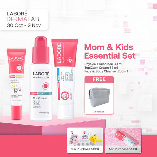[Dermalab Revolutionaire] Mom & Kids Essential Set - Physical Sunscreen SPF 50+ PA++++ 30 ml | TopiCalm Cream 85 ml | Face & Body Cleanser 250 ml - Sunscreen - Moisturizer - Cleanser - Sabun Badan & Wajah - Melembapkan - Lembut - Paket Skincare