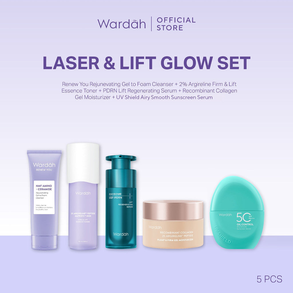 Wardah [5 pcs] Paket Skincare Solusi Masalah Kulit - Face Wash, Moisturizer, Serum, Sunscreen, & Toner (Acnederm, Cica, Panthenol, UV Shield, Amino Facial Wash, Airy, Crystal Secret, Lightening)