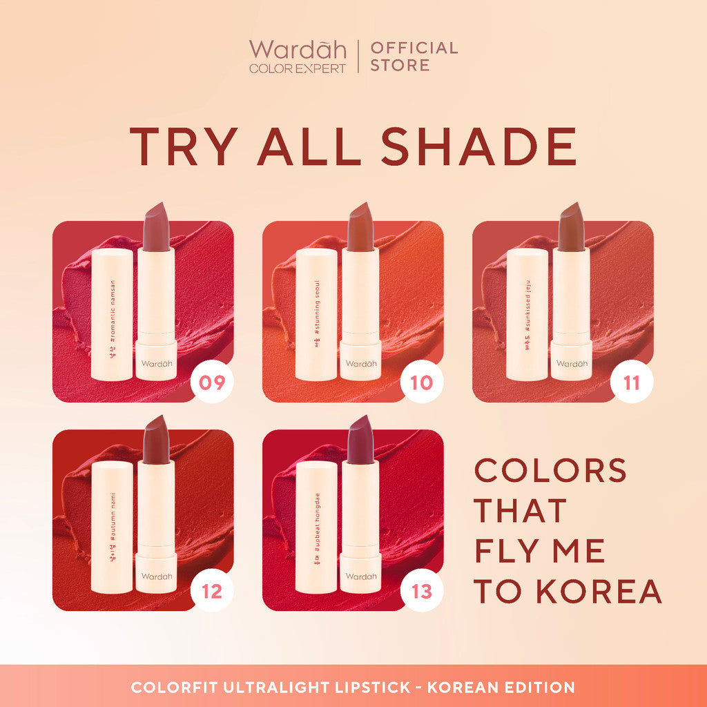 [LIPSTICK ALA KOREA] WARDAH Colorfit Ultralight Matte Lipstick - Korean Limited Edition Shade 09-13 - Lipstick Tahan Lama Hingga 8 Jam -Dilengkapi Vtamin E -Ringan dan Lembut di Bibir-Makeup-Lipstik Tahan Minyak 24 Jam-Lipstik Tasya-Lip Cream-Lip Matte