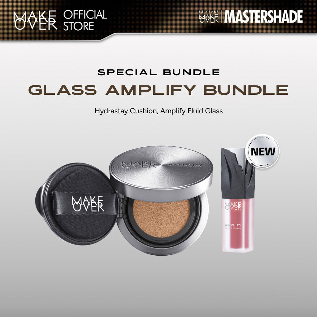 MAKE OVER Glass Amplify Bundle: NEW! Amplify Glass Fluid + Hydrastay Prismatic Glass Cushion - Paket Lengkap Lip Gloss dan Cushion Glowing Tahan Lama Pigmented