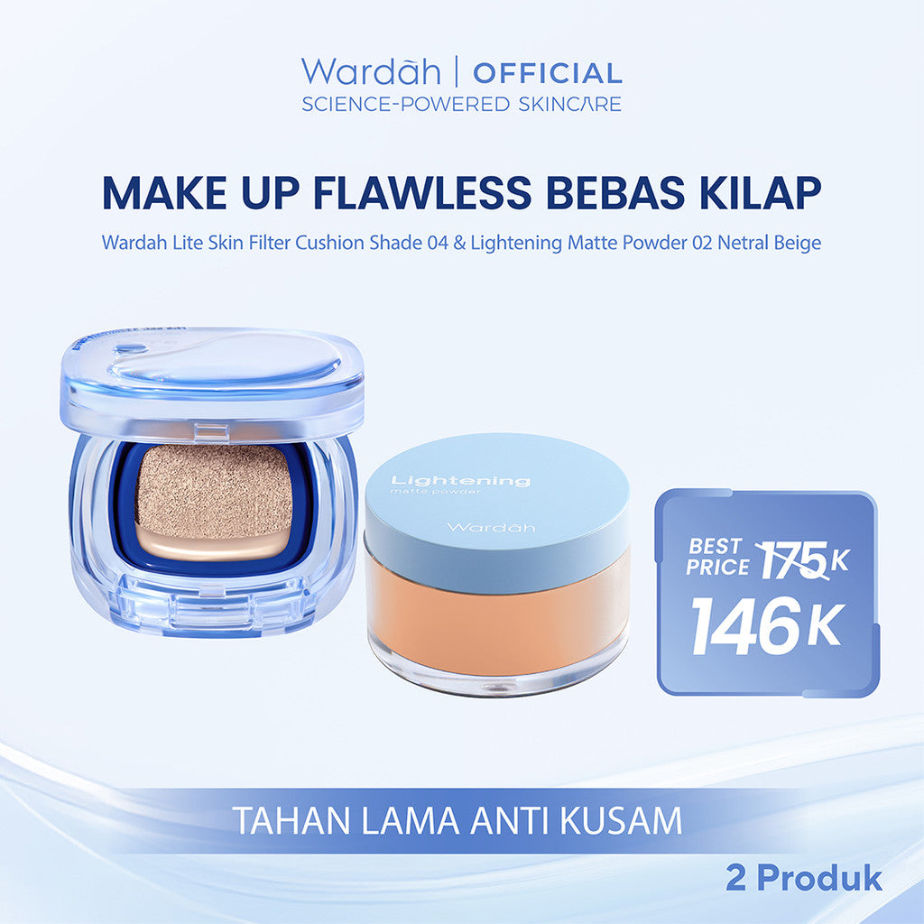 [NEW BUNDLE] Wardah Lite Skin Filter Cushion 11 g - Makeup Ringan Tahan 8 Jam Flawless Coverage Powder Foundation Glad Setting BB Cream Soft Satin & Glow | Two Way Cake, Loose Powder, Micellar Water, Airbrush Lip Tint | Light+ | Light Plus | Lightplus