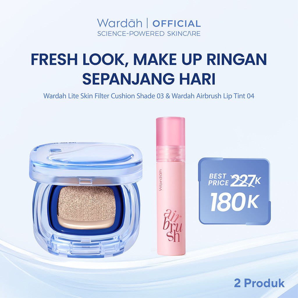 [NEW BUNDLE] Wardah Lite Skin Filter Cushion 11 g - Makeup Ringan Tahan 8 Jam Flawless Coverage Powder Foundation Glad Setting BB Cream Soft Satin & Glow | Two Way Cake, Loose Powder, Micellar Water, Airbrush Lip Tint | Light+ | Light Plus | Lightplus