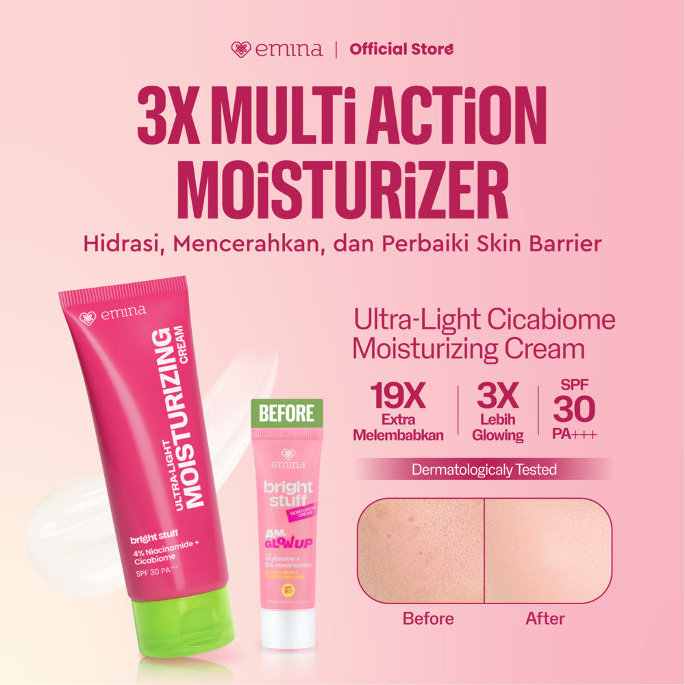 NEW! [Twin Pack] Emina Bright Stuff Ultra-Light Moisturizing Cream 20 ml - Pelembab Wajah Mencerahkan, Mengandung SPF 30 PA+++, Melindungi dari Sinar UV, Melembapkan, Cepat Meresap, Cerah Instan, Menyamarkan Noda Hitam, Cocok untuk Semua Jenis Kulit