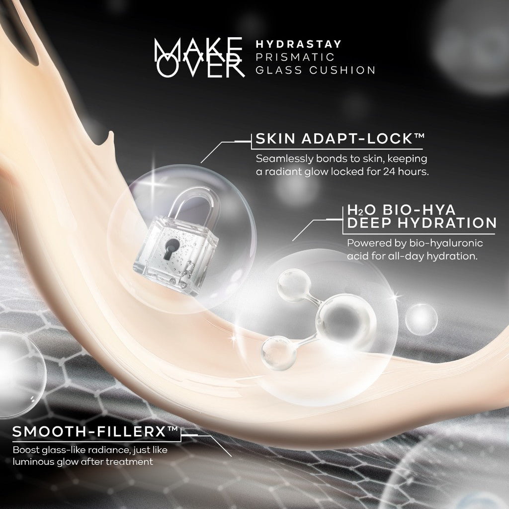 MAKE OVER Glass Amplify Bundle: NEW! Amplify Glass Fluid + Hydrastay Prismatic Glass Cushion - Paket Lengkap Lip Gloss dan Cushion Glowing Tahan Lama Pigmented