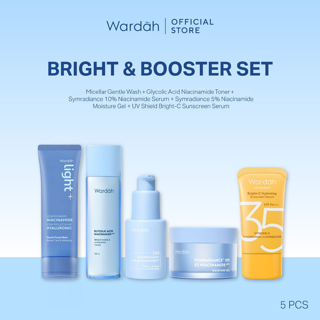 Wardah [5 pcs] Paket Skincare Solusi Masalah Kulit - Face Wash, Moisturizer, Serum, Sunscreen, & Toner (Acnederm, Cica, Panthenol, UV Shield, Amino Facial Wash, Airy, Crystal Secret, Lightening)
