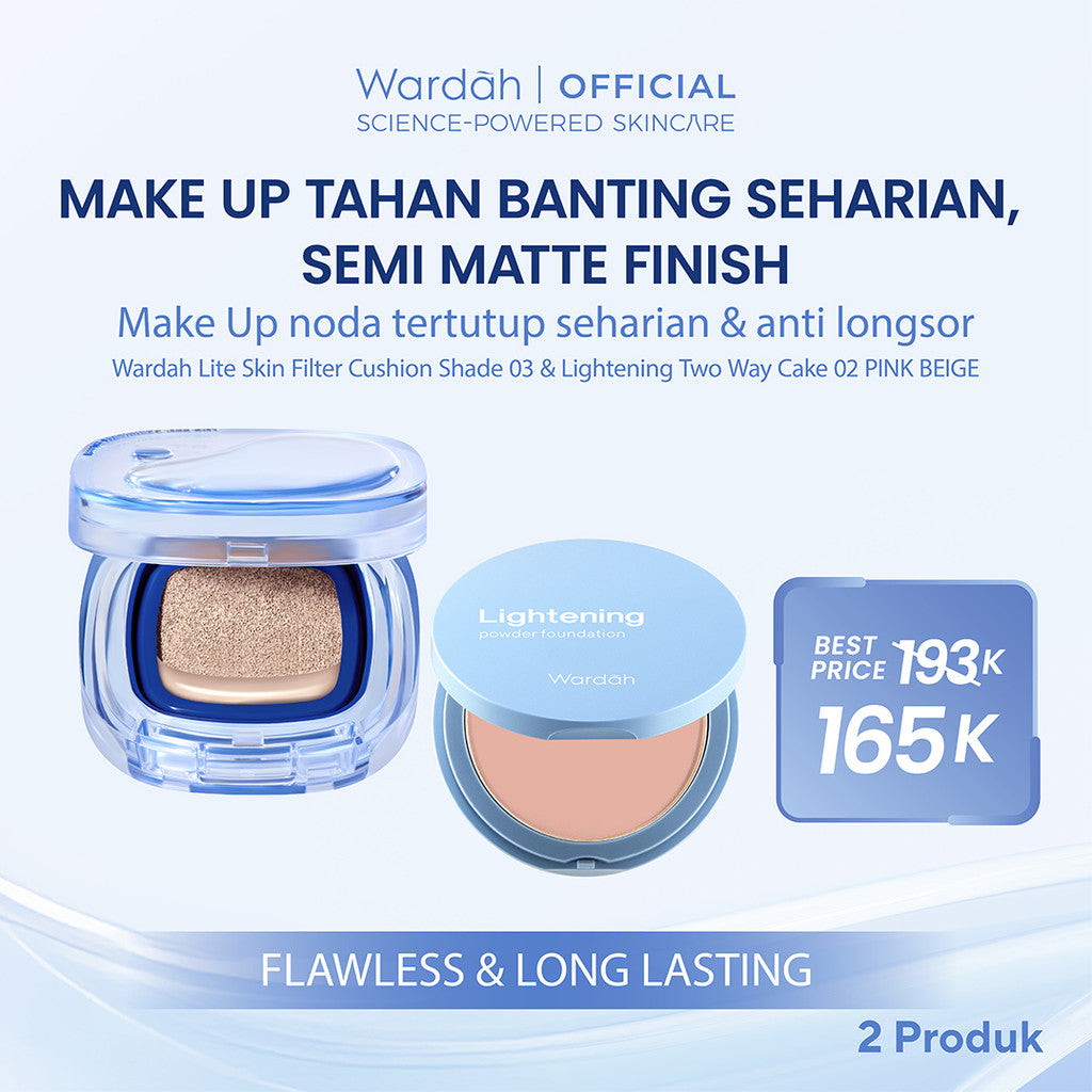 [NEW BUNDLE] Wardah Lite Skin Filter Cushion 11 g - Makeup Ringan Tahan 8 Jam Flawless Coverage Powder Foundation Glad Setting BB Cream Soft Satin & Glow | Two Way Cake, Loose Powder, Micellar Water, Airbrush Lip Tint | Light+ | Light Plus | Lightplus