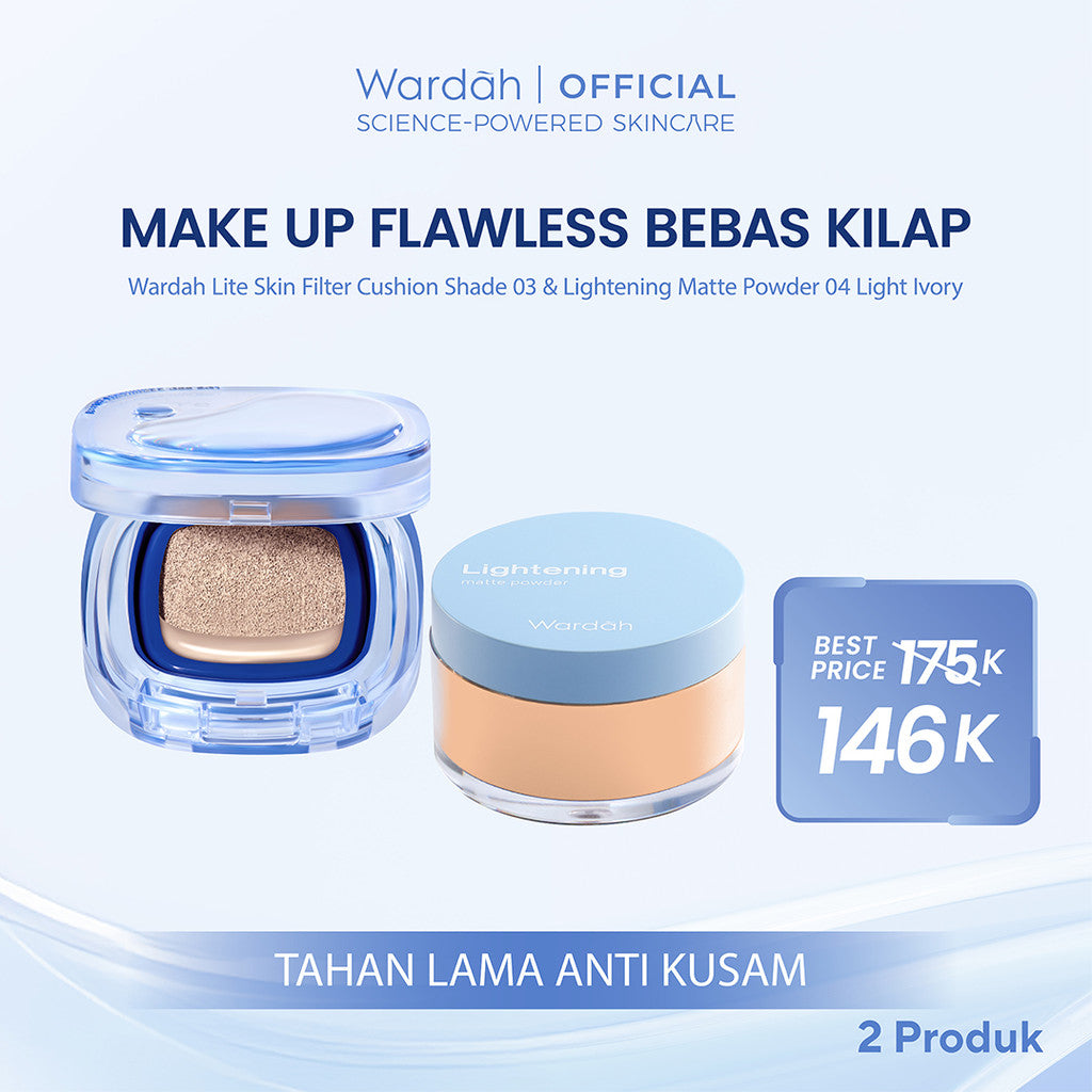 [NEW BUNDLE] Wardah Lite Skin Filter Cushion 11 g - Makeup Ringan Tahan 8 Jam Flawless Coverage Powder Foundation Glad Setting BB Cream Soft Satin & Glow | Two Way Cake, Loose Powder, Micellar Water, Airbrush Lip Tint | Light+ | Light Plus | Lightplus
