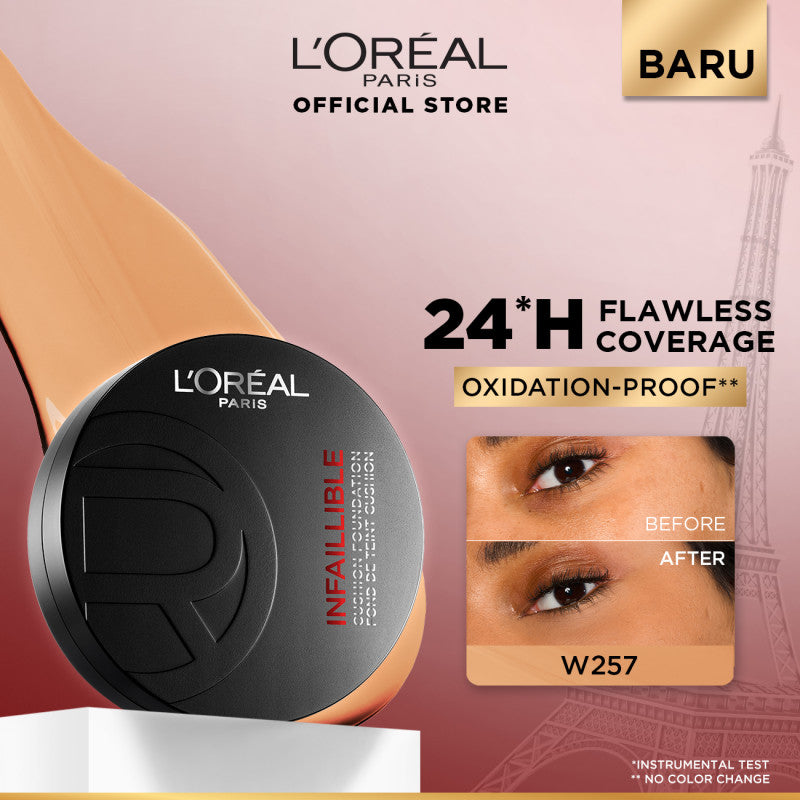 [BARU!] L'Oreal Paris Infaillible Cushion Foundation 24H - flawless coverage,  Cushion dengan hasil yang nyaman tersedia dalam 10 shades cocok untuk kulit indonesia.